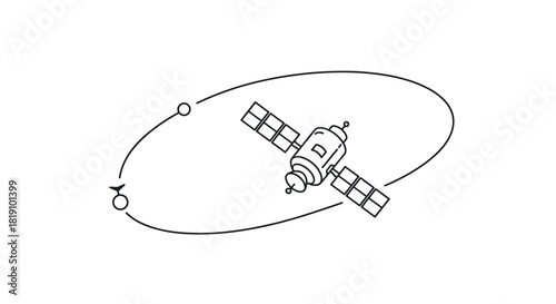 Satellite orbiting earth outline with minimalist linear design