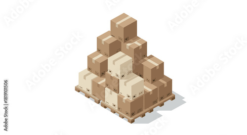 Isometric cardboard box pyramid on wooden pallet in warehouse setting