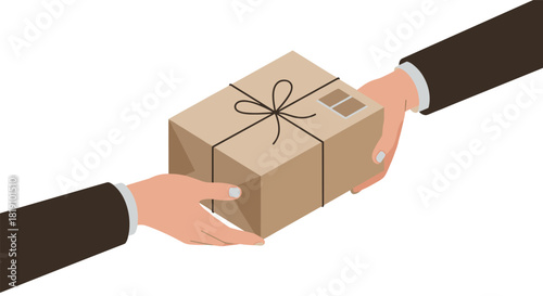 Isometric parcel exchange between two hands with gift wrap on white background