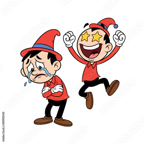 Cartoon character expressing contrasting emotions of deep sadness and ecstatic joy.