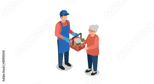 Isometric delivery service with courteous worker and elderly customer