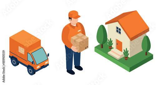 Isometric delivery service concept with courier, truck, and house elements