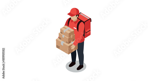 Delivery service worker holding boxes in red uniform and backpack