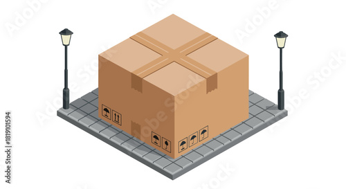 Isometric box on cobblestone path with street lamps