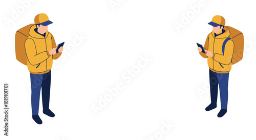 Delivery workers in flat design with smartphones and backpacks on white background