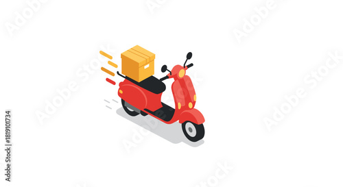 Isometric red scooter with delivery box on white background