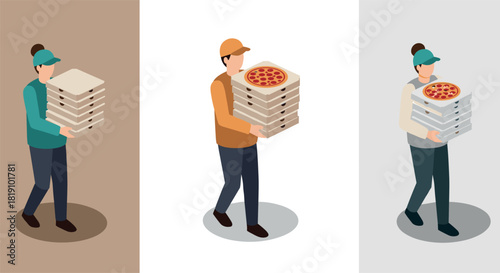 Isometric delivery workers carrying pizza boxes in three color variations