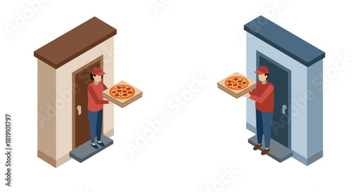 Isometric pizza delivery concept with couriers standing at doorsteps