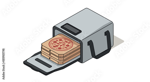 Isometric pizza delivery bag with open box displaying fresh pizzas