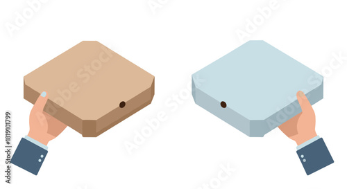 Hands holding pair of delivery boxes with different color tones on white background