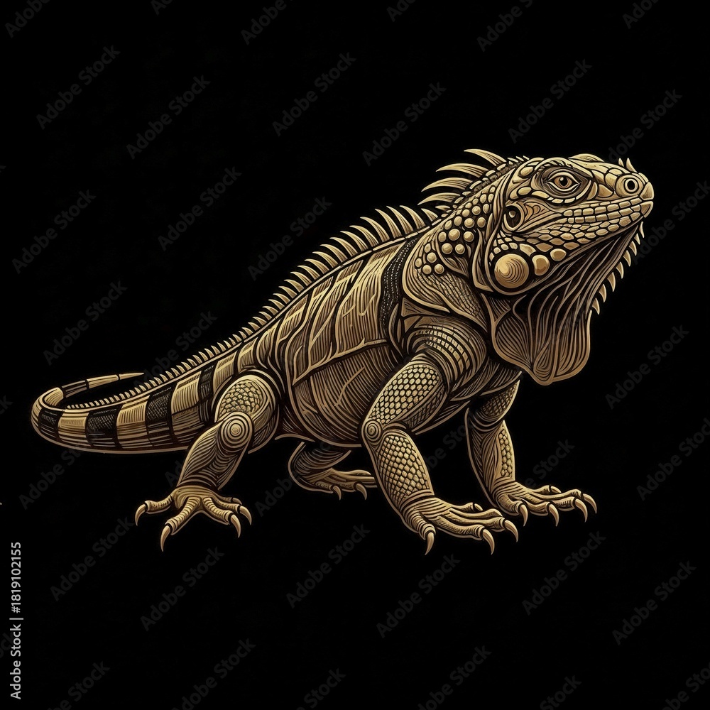 Obraz premium Realistic iguana illustration with detailed features on a dark background, copy space.