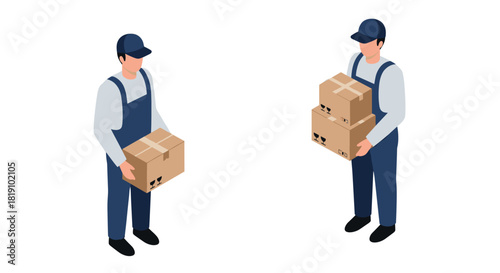Isometric delivery workers carrying boxes in uniforms