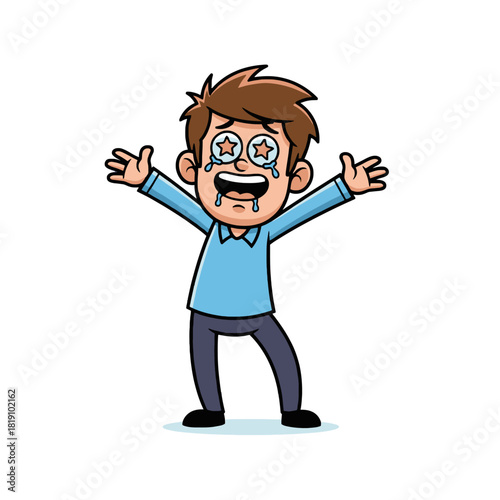 Cartoon illustration of a happy, excited boy with star-shaped eyes and tears of joy.