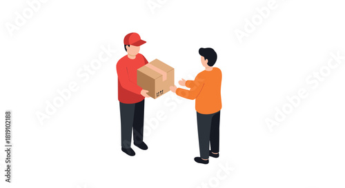 Isometric delivery concept with courier handing over package to customer