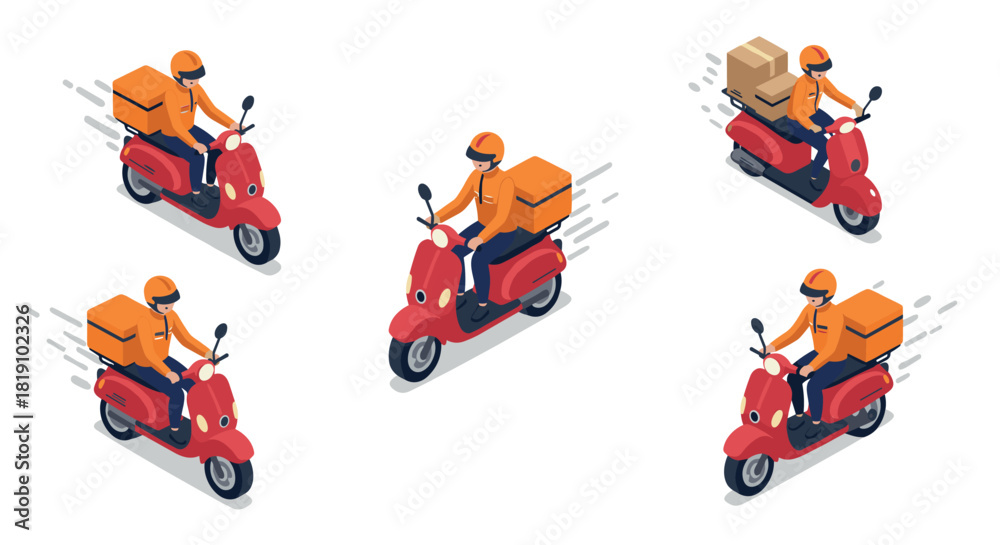 Fototapeta premium Fast delivery service with couriers on scooters in isometric design
