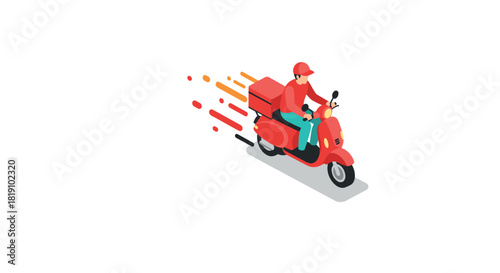 Isometric fast food delivery concept with scooter and courier on white background