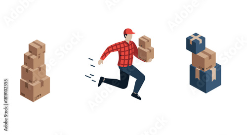Courier sprinting with packages in isometric style
