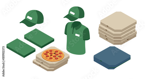 Isometric pizza delivery icons with boxes and uniforms