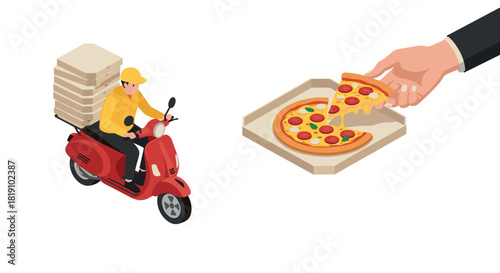 Fast food delivery with scooter and pizza box in isometric style