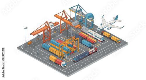 Modern isometric transportation hub with cargo containers and vehicles