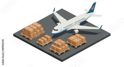 Isometric airplane cargo handling with pallets and cardboard boxes