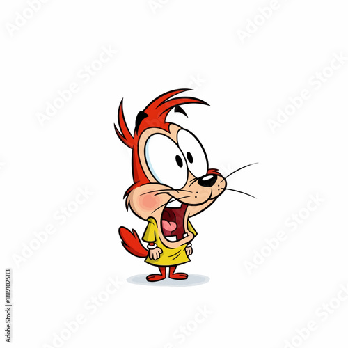 Cartoon character with red fur, large eyes, and an open mouth, expressing surprise.