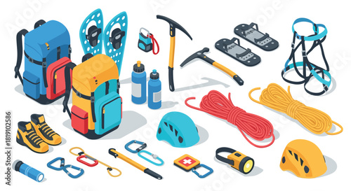Essential isometric mountaineering gear collection with backpacks, helmets, and climbing equipment