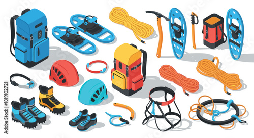 Isometric outdoor adventure equipment set featuring backpacks, boots, and snowshoes