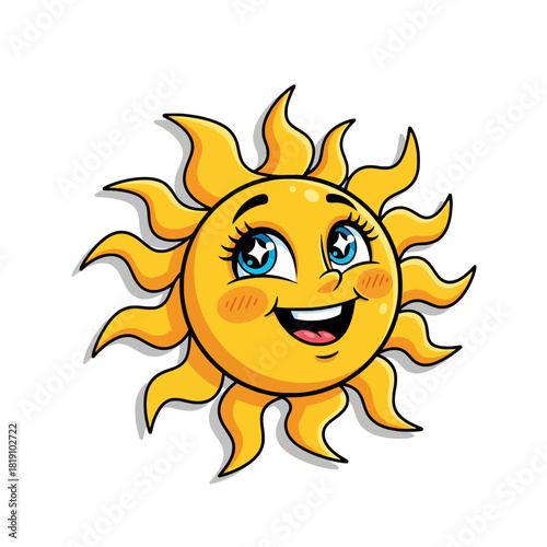A cute and happy cartoon sun character with a smiling face and big blue eyes, isolated on a white background.