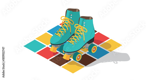 Colorful retro roller skates on color block background