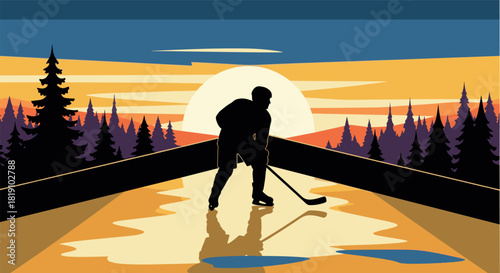 Hockey player silhouette at sunset on forest ice rink