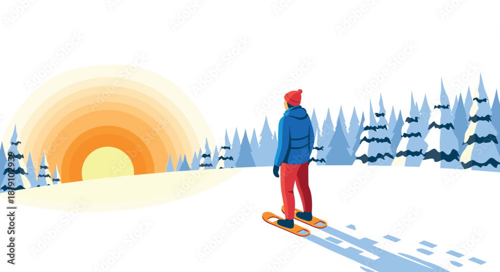 Fototapeta premium Winter adventure snowboarder at sunrise in minimalist forest landscape