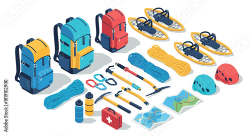 Isometric mountaineering gear with backpacks, helmets, snowshoes, and maps