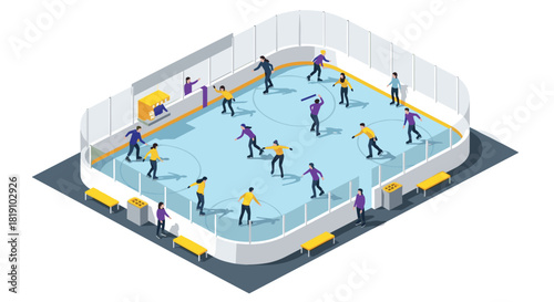 Isometric ice skating rink with people engaged in winter recreation activities