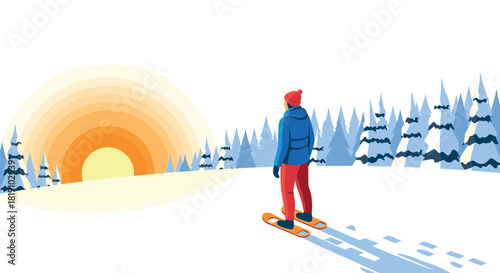 Winter adventure snowboarder at sunrise in minimalist forest landscape