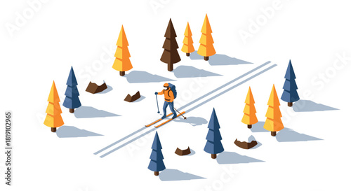 Isometric winter scene with skier in colorful forest