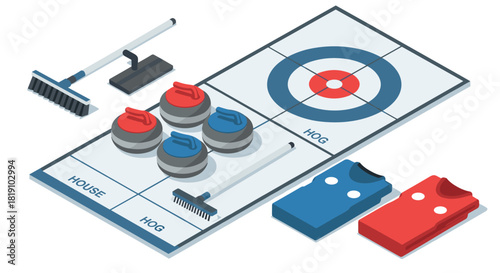 Isometric curling equipment set with rinks and stones for winter sports