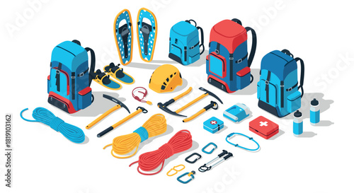 Essential gear for hiking and climbing in a stylish isometric layout