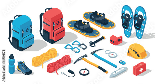 Outdoor adventure gear set featuring backpack, climbing tools, and snow equipment in isometric design