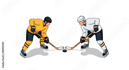 Dynamic hockey players faceoff with puck in isometric style on ice rink