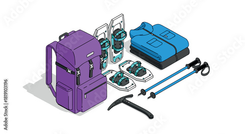 Winter hiking gear isometric set with backpack and snow equipment