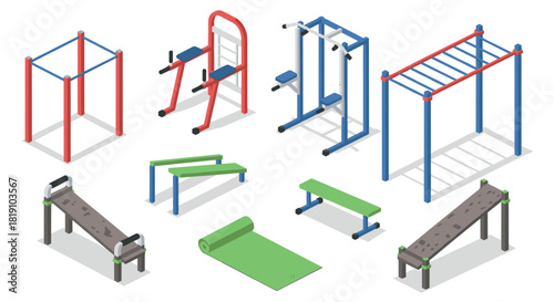 Outdoor gym equipment set for fitness and exercise in isometric style