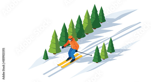 Isometric winter sports concept with skier in motion through snowcovered pine trees