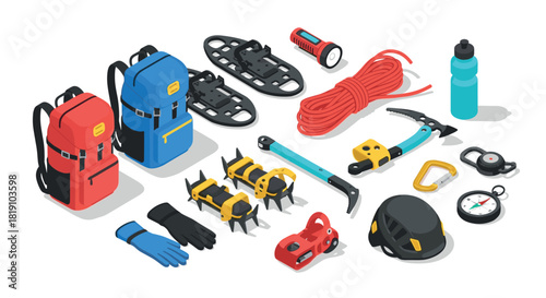 Isometric camping gear set with backpacks, climbing rope, and tools for outdoor adventure
