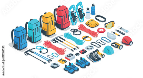 Isometric camping gear set with backpack, hiking boots, and safety equipment