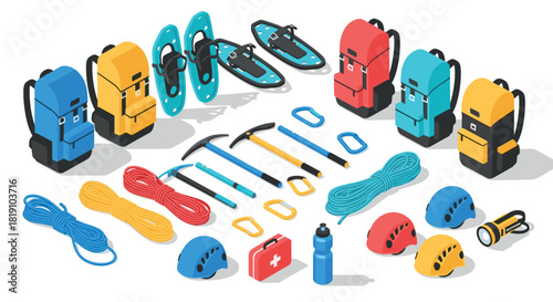 Isometric camping gear and equipment set for outdoor adventure