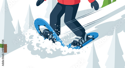 Winter snowboarding adventure with blue snowboard on powdery slopes