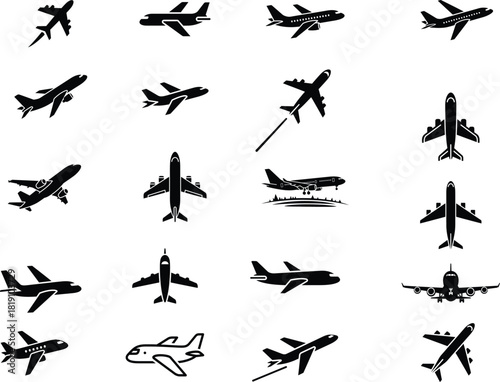 Monochrome compilation of various airplane silhouettes in different poses depicting flight travel and aviation with a simple and minimalist design
