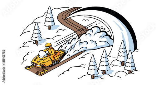 Snowmobile adventure in winter wonderland with rider moving through snowy forest path