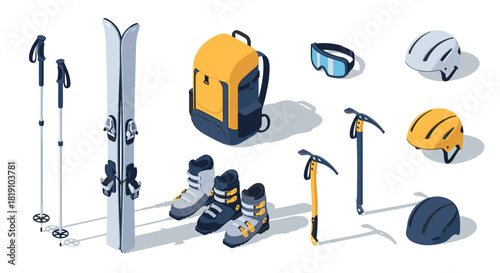 Isometric winter sports gear set with skis, boots, and safety equipment